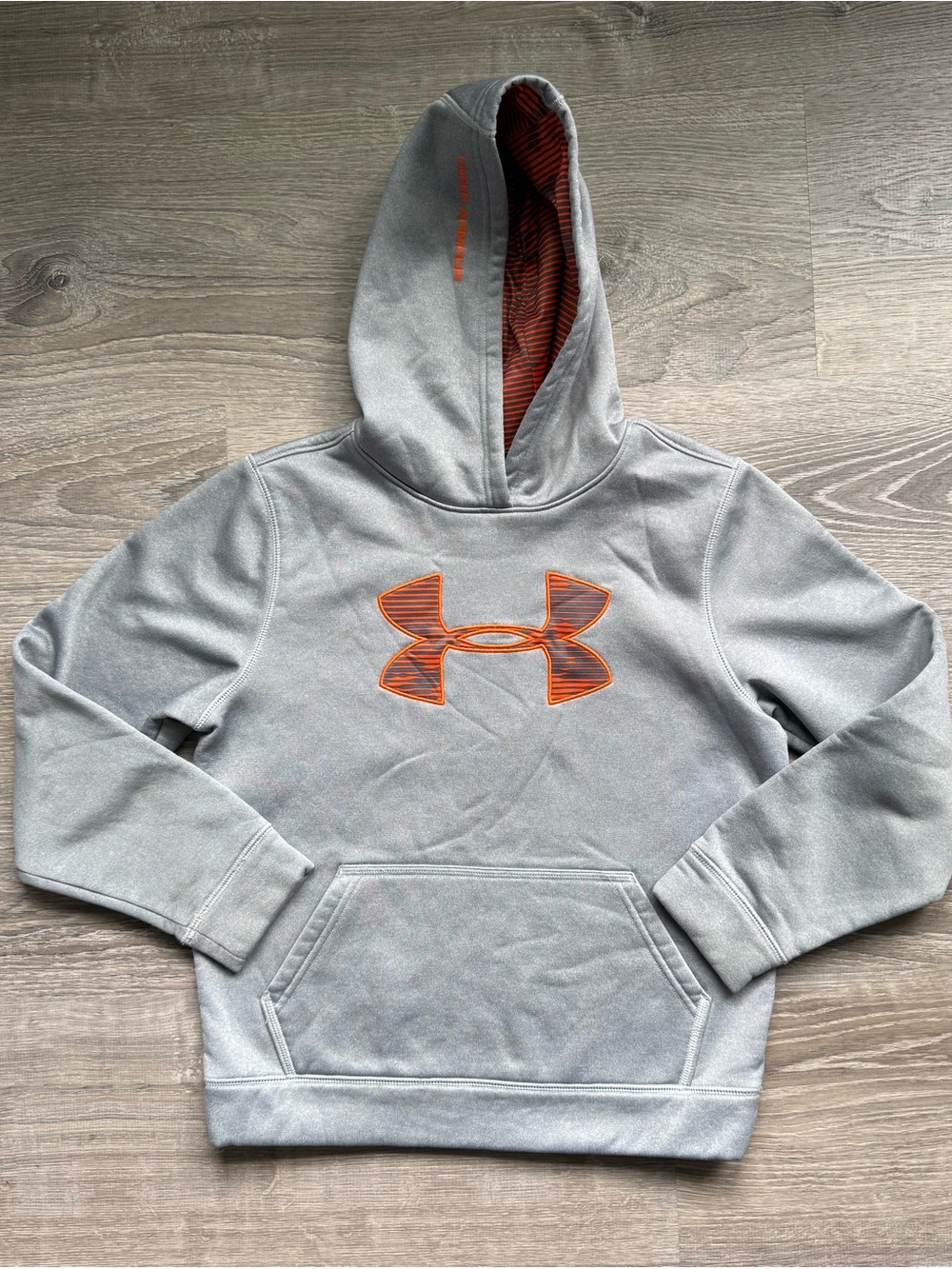 Under Armour ColdGear Boy’s YM Gray Hoodie with Orange Logo and Lined Hood